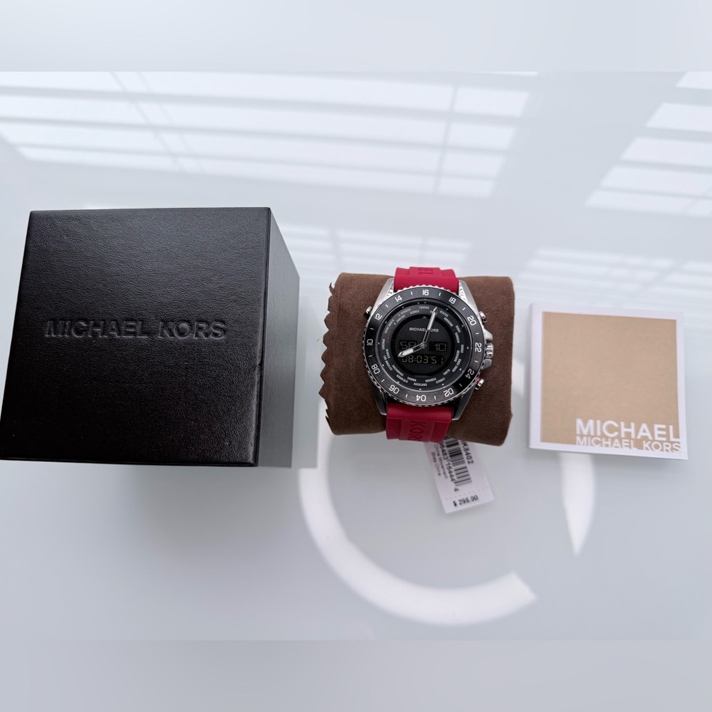 NWT Michael Kors JetMaster Red Strap Silver Buckle Watch MK8402 - Picture 2 of 9